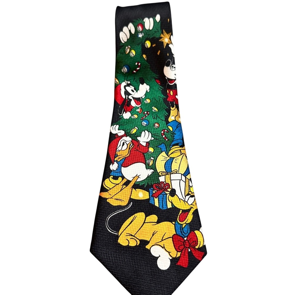 Vtg Disney Mickey Unlimited Black Christmas Tie Goofy‎ Pluto Donald Duck Necktie